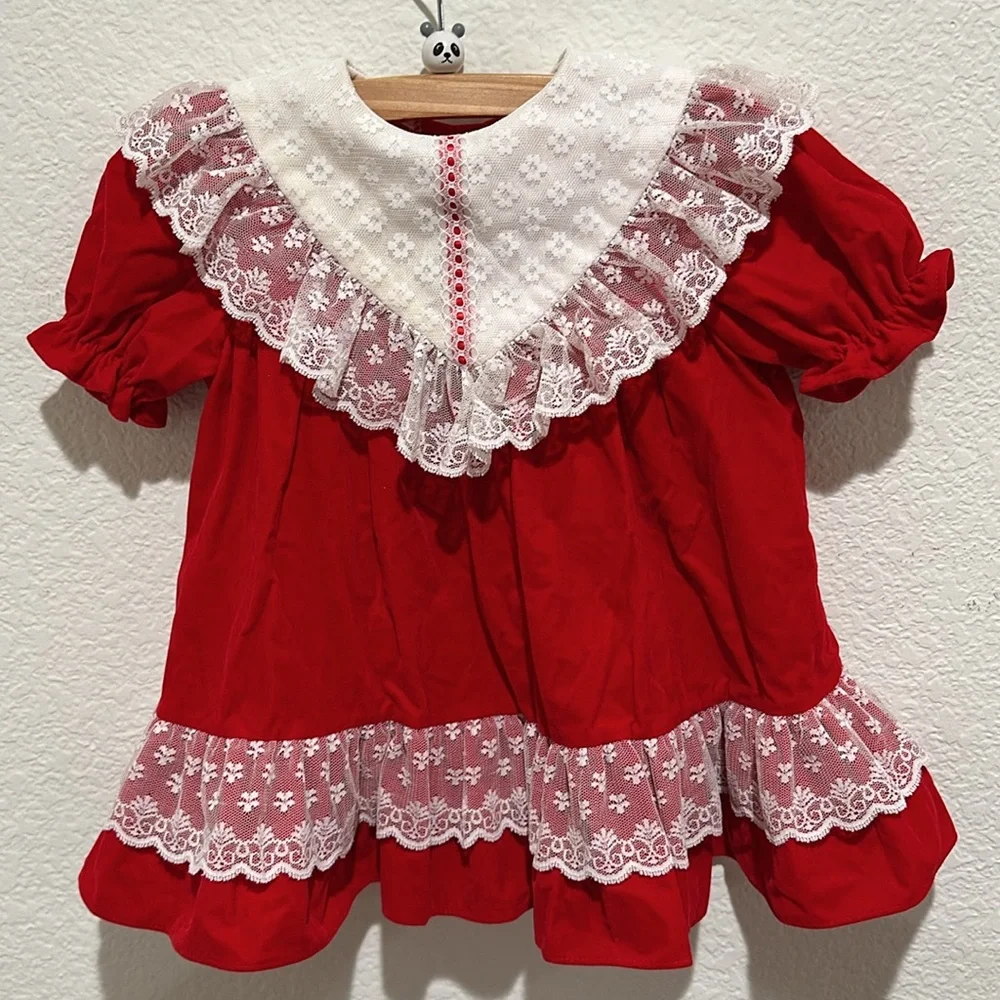 VINTAGE Red Velvet & Lace Frilly Puff Sleeve Christmas Dress Toddler Girl Sz 4T
